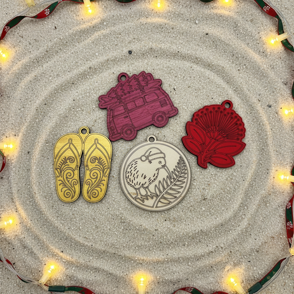 Four Kiwiana ornaments flat in Christmas sand