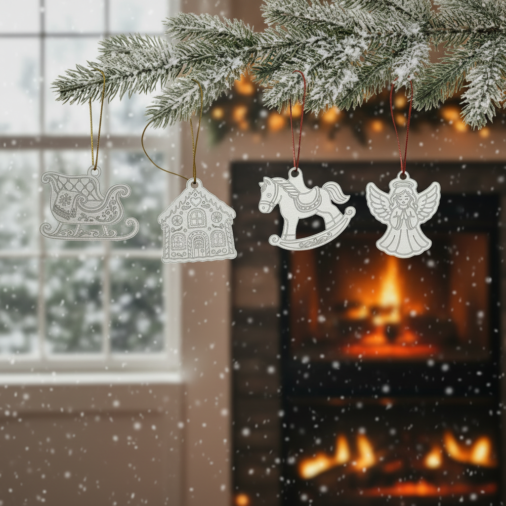 Square red-and-gold snowy-window scene