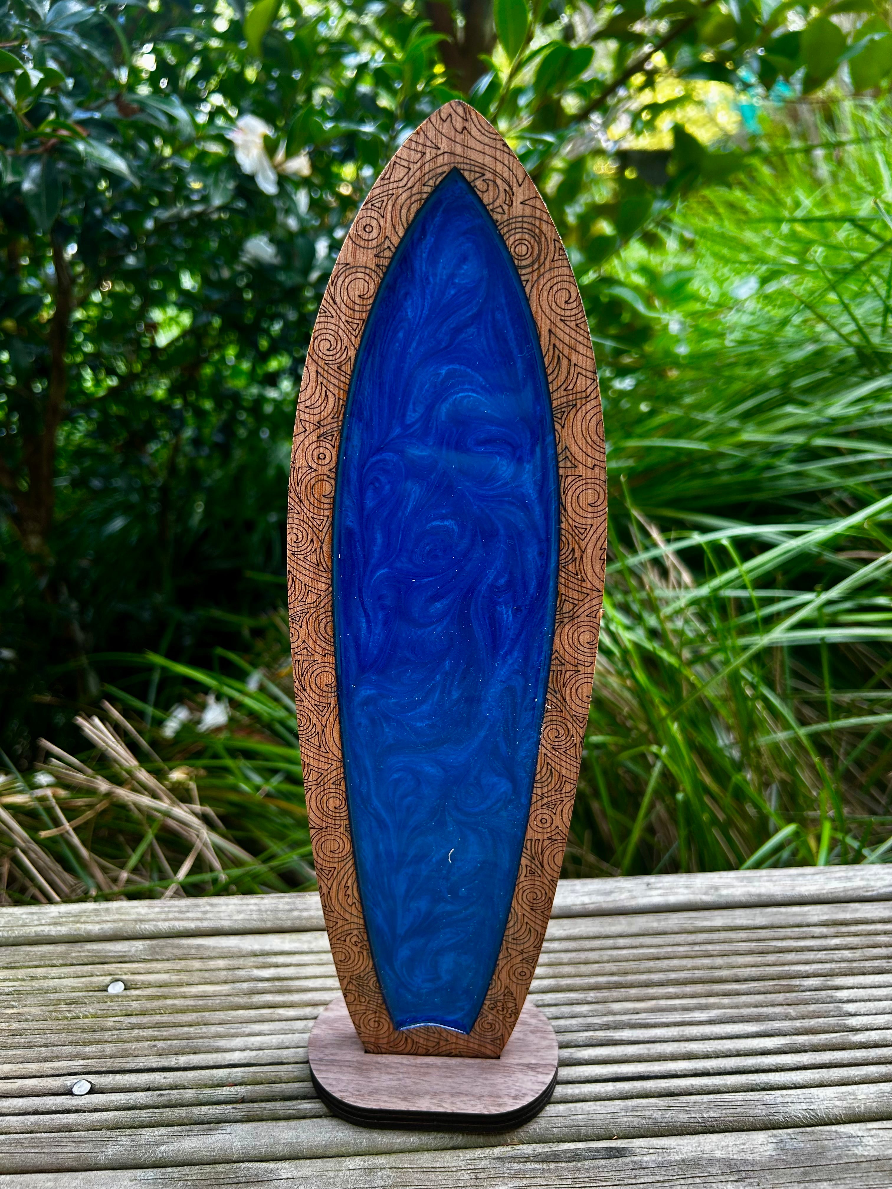 Coastal Surfboard Decor | Blue Resin & Koru Design