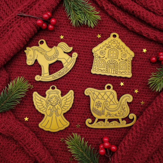 Christmas ornaments on a festive red and green scene