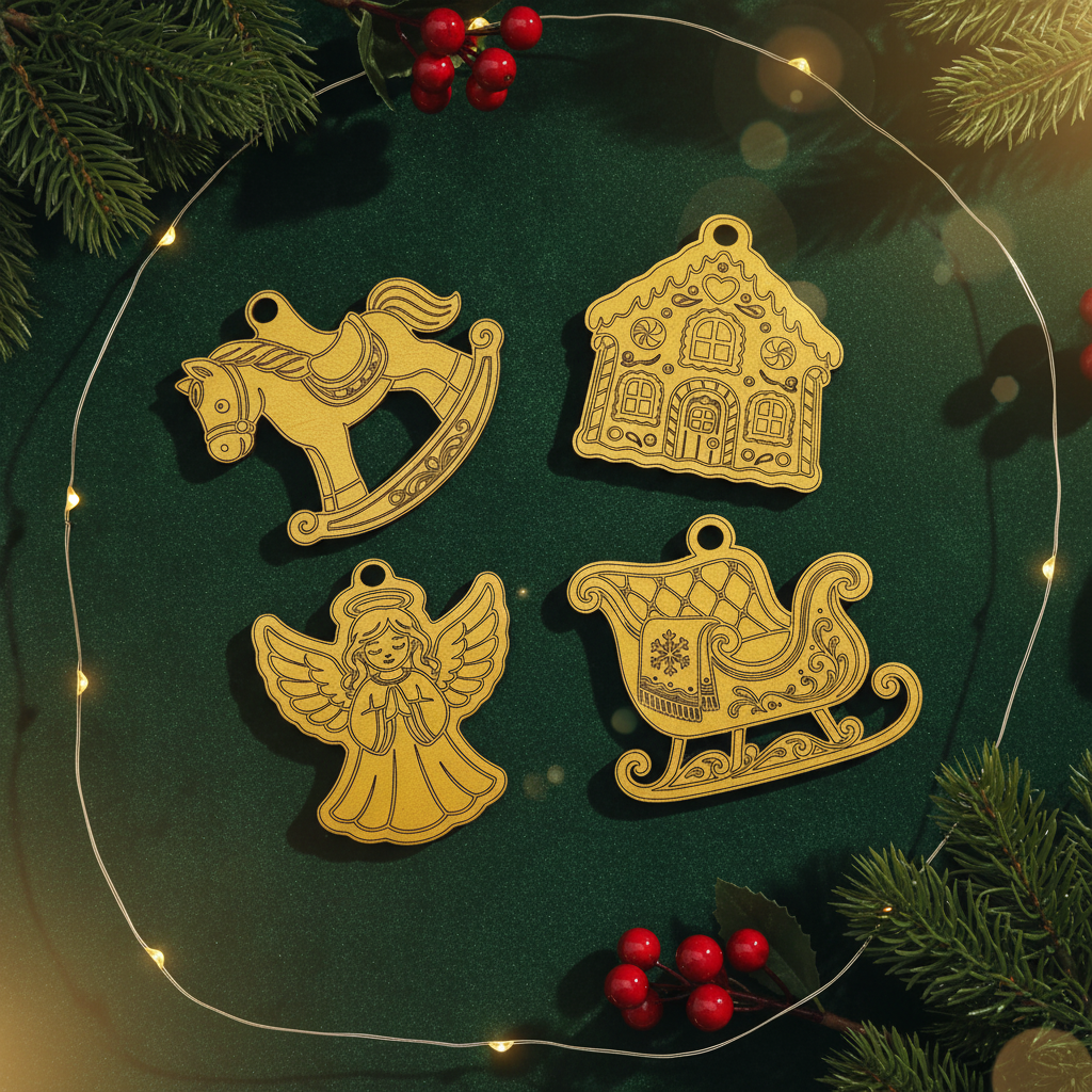 Christmas ornaments on evergreen velvet