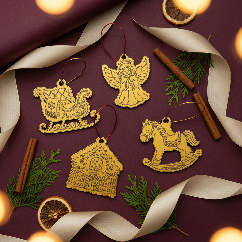 Christmas ornaments with burgundy gift wrapping
