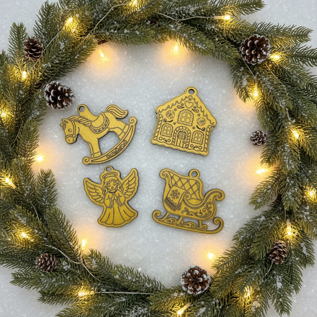 Christmas ornaments with snowy wreath