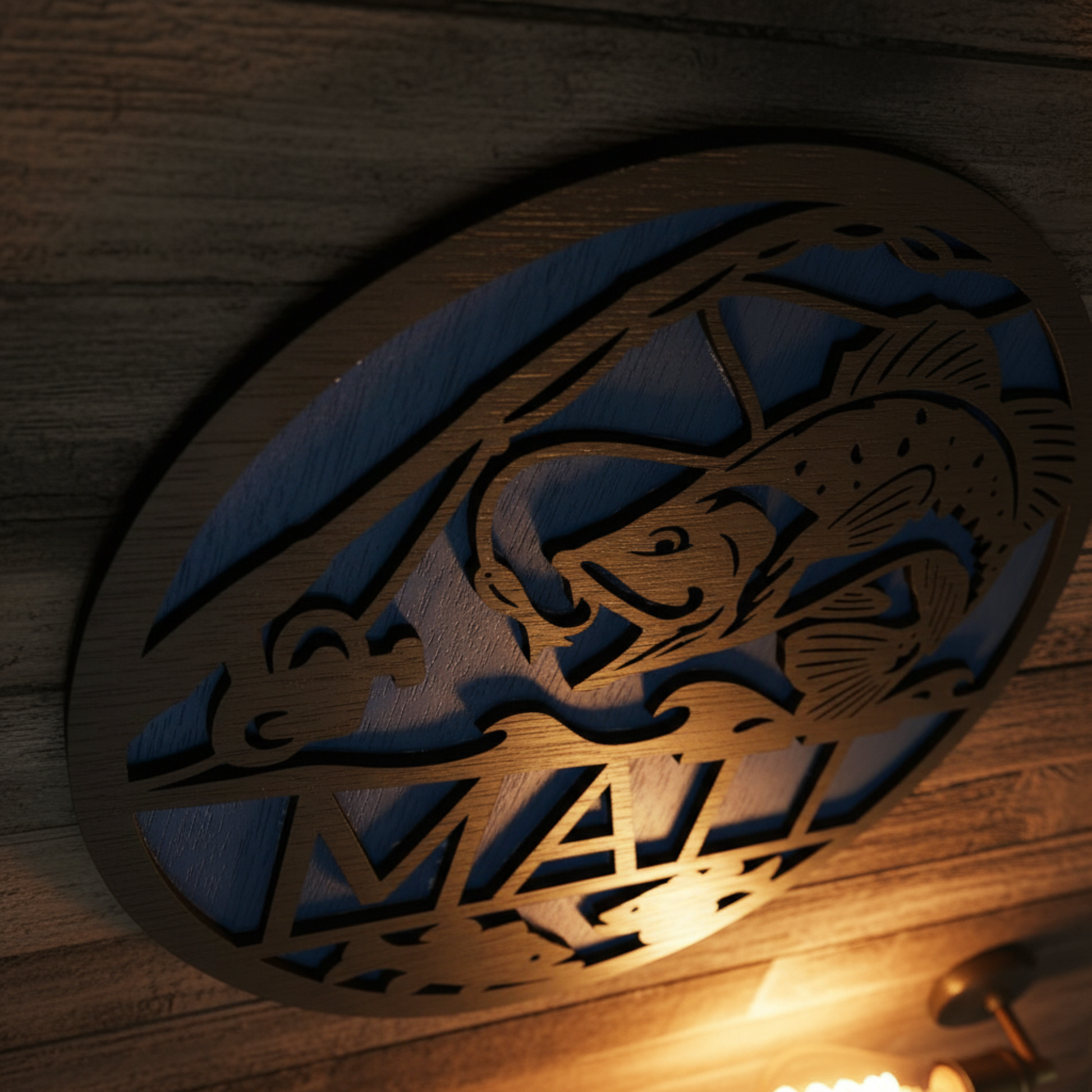 Fishing wall art close-up low angle man cave