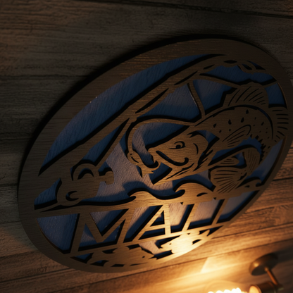 Fishing wall art close-up low angle man cave