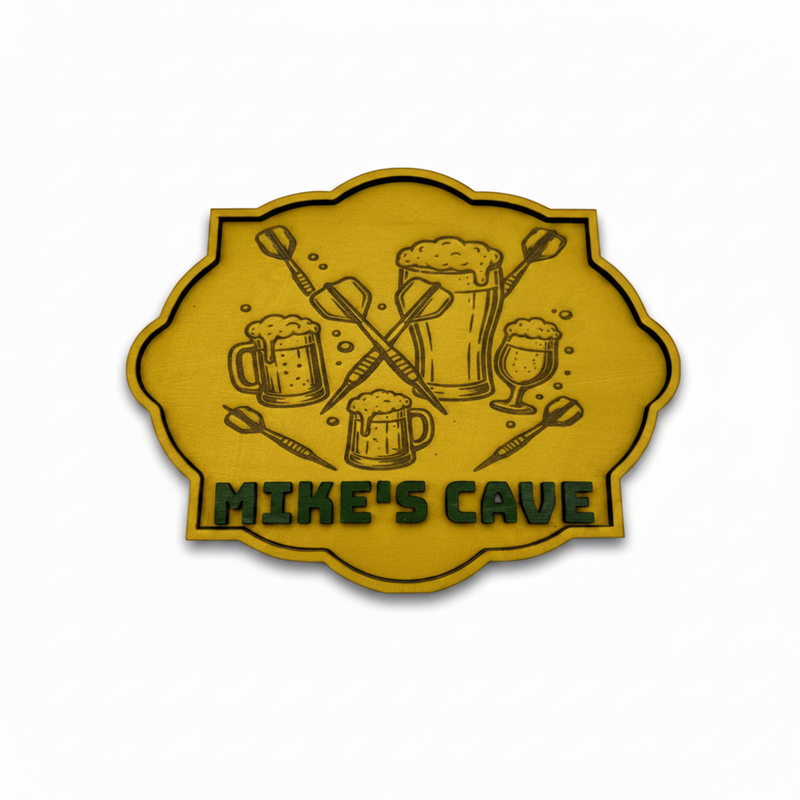 Mike's Cave beer and darts man cave sign on a white background