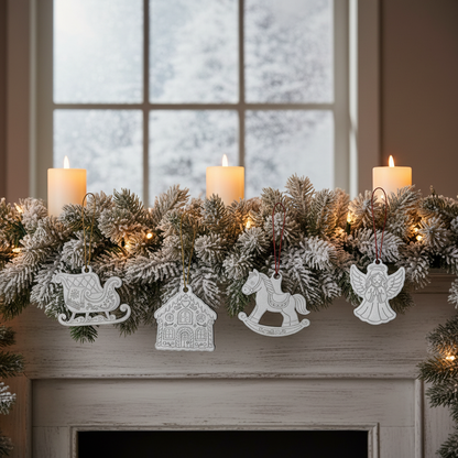 Four metallic silver Christmas ornaments hanging from a frosted fir garland on a winter cabin mantel