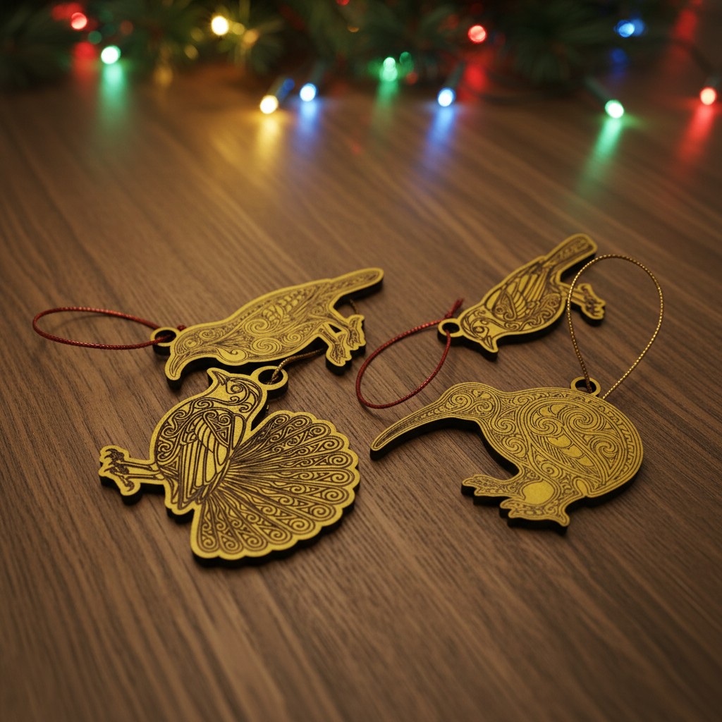 Four engraved Aotearoa native bird Christmas ornaments on a wooden table with colourful Christmas lights