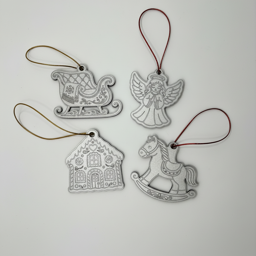 Four upright metallic silver Christmas ornaments with red and gold twine on a white background