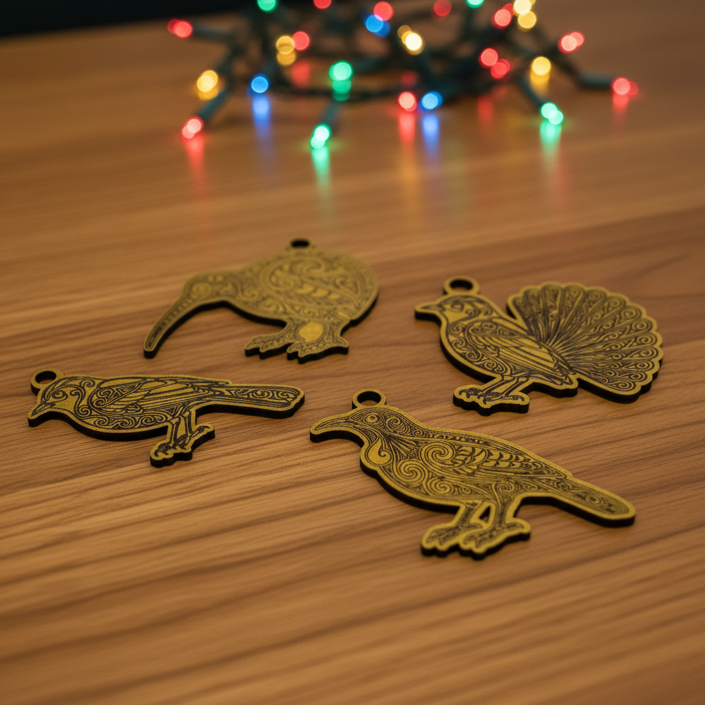 Four engraved Aotearoa bird Christmas ornaments on a wooden table with colourful Christmas lights