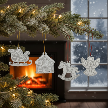 Four metallic silver Christmas ornaments hanging from a snowy evergreen branch beside a glowing fireplace