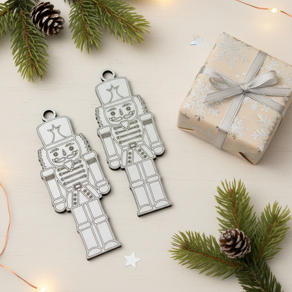 Pair of two silver metallic nutcracker ornaments styled beside a wrapped Christmas gift and pine branches