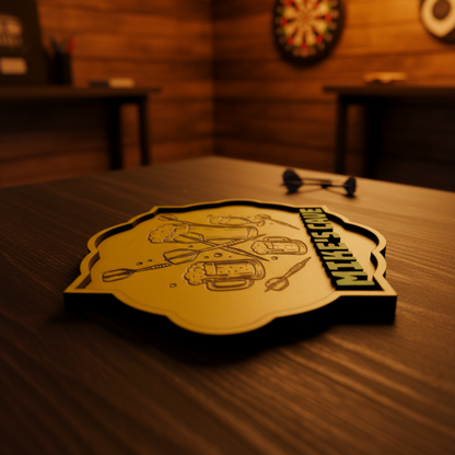 Mike's Cave beer and darts sign on a man-cave table at its original angle