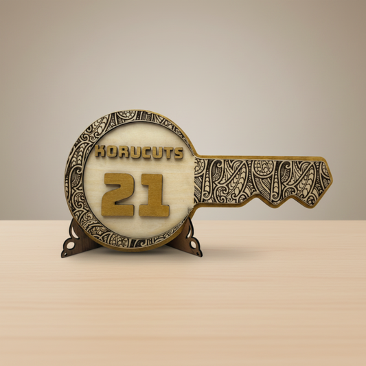 Personalised key keepsake on a clean tabletop
