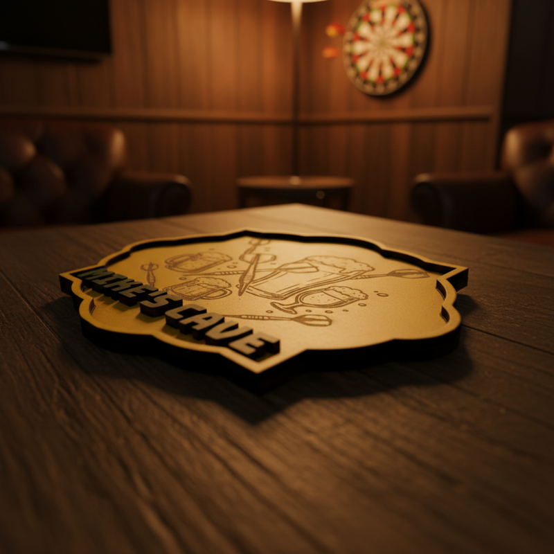 Sign on a man-cave table