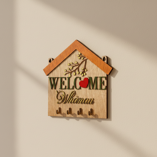 Welcome sign on cozy wall, original angle